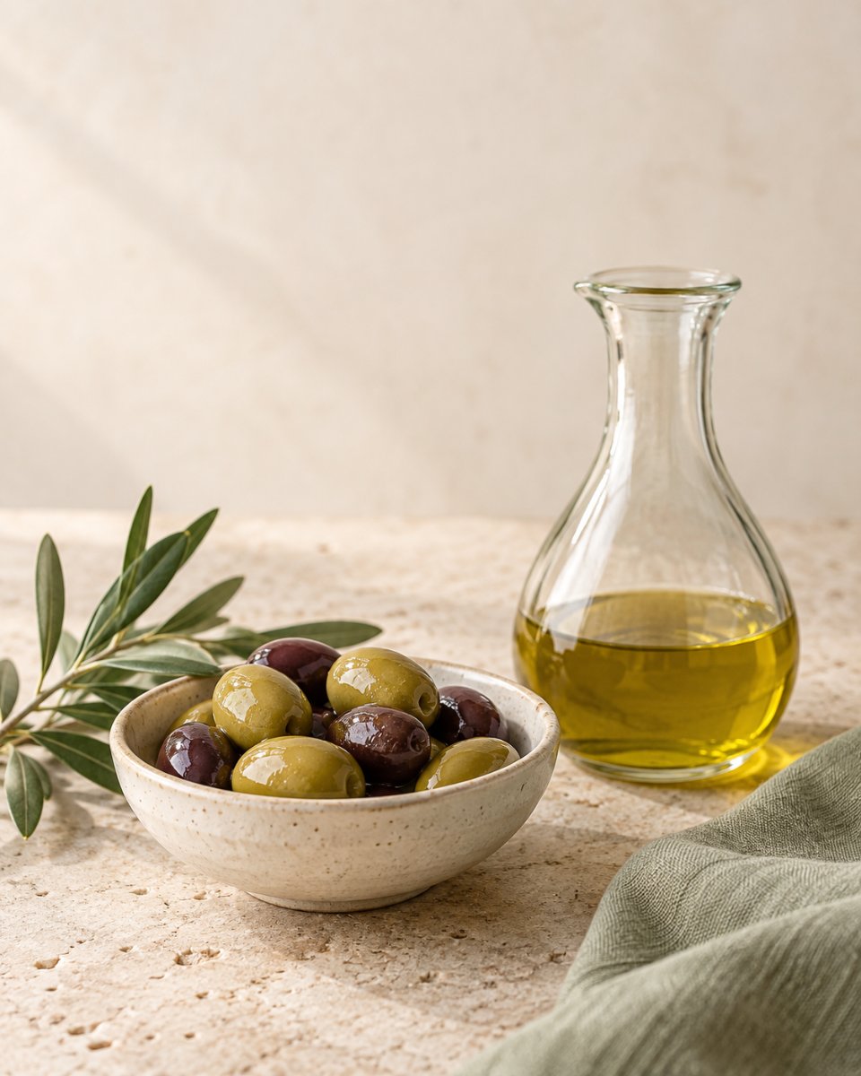 A ceramic bowl of green and dark olives beside a glass carafe of olive oil, an olive branch and sage-green linen.